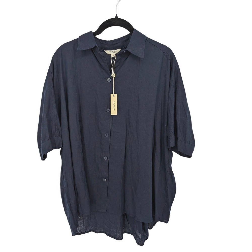 Max Studio Button Down Shirt Women Small Navy Linen Blend Oversized Nautical NWT